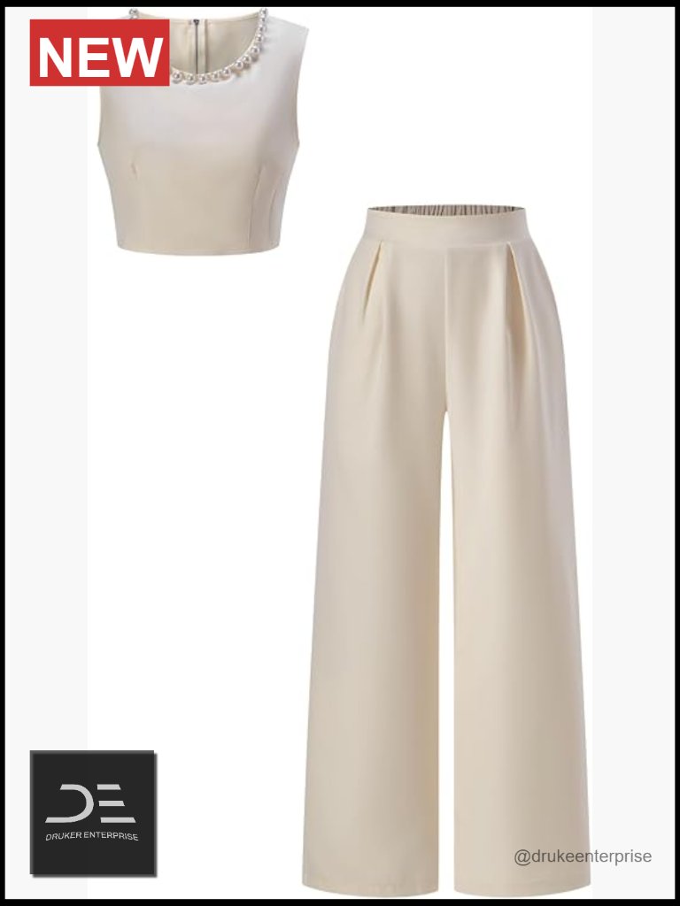 Pearl Beaded Crop Top And Wide Leg Pants Set 2 Piece Work Outfit